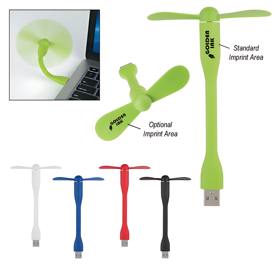 USB Flexi Fans for Summer with standard and optional imprint areas.
