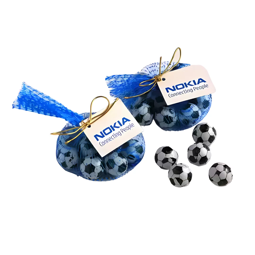 Two chocolate soccer ball x5 novelty netbags with Nokia Connecting People tags attached.