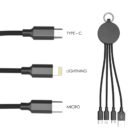 Multi-cable charging keychain with Type-C, Lightning, and Micro-USB connectors.