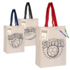 Three canvas tote bags with sports designs: basketball, rugby, and soccer, and red, black, blue straps.