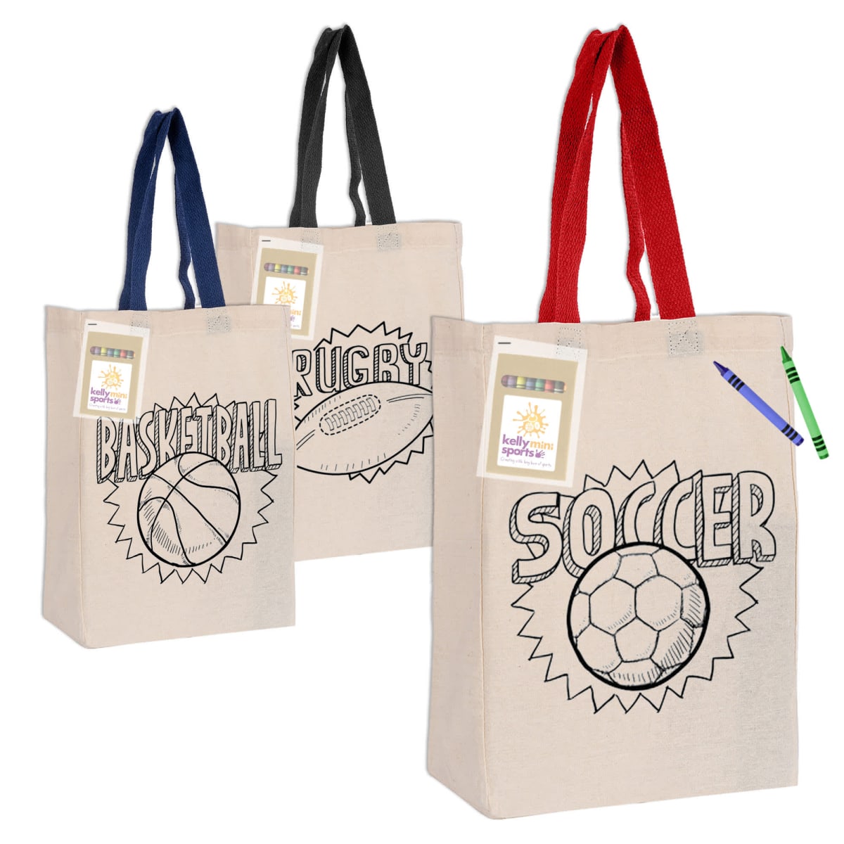Three canvas tote bags with sports designs: basketball, rugby, and soccer, and red, black, blue straps.