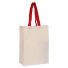 A beige tote bag with red handles, standing upright.