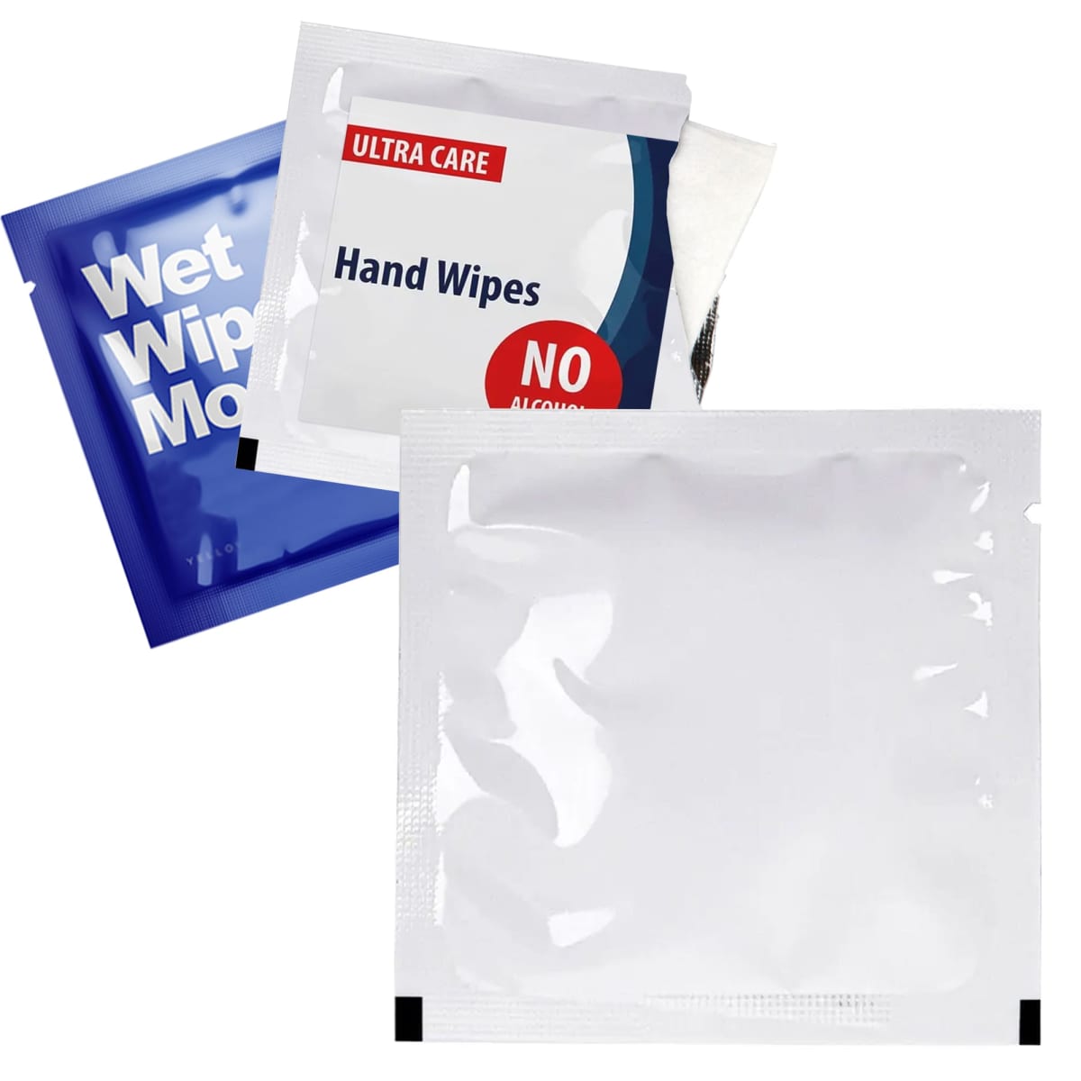 Three types of wipe packets, one labeled Hand Wipes, two unmarked.