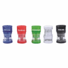 Five Basic Round Travel Adaptors in different colors on a white background.