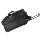 Black Basin Duffle bag with handles, wheels, and an extended telescopic pull handle.
