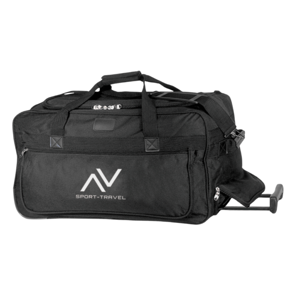 Basin Duffle bag with wheels, handle, and SPORT-TRAVEL logo on the front pocket.