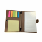 Brown Covered notebook with sticky notes, pen, and notepad on a white background.