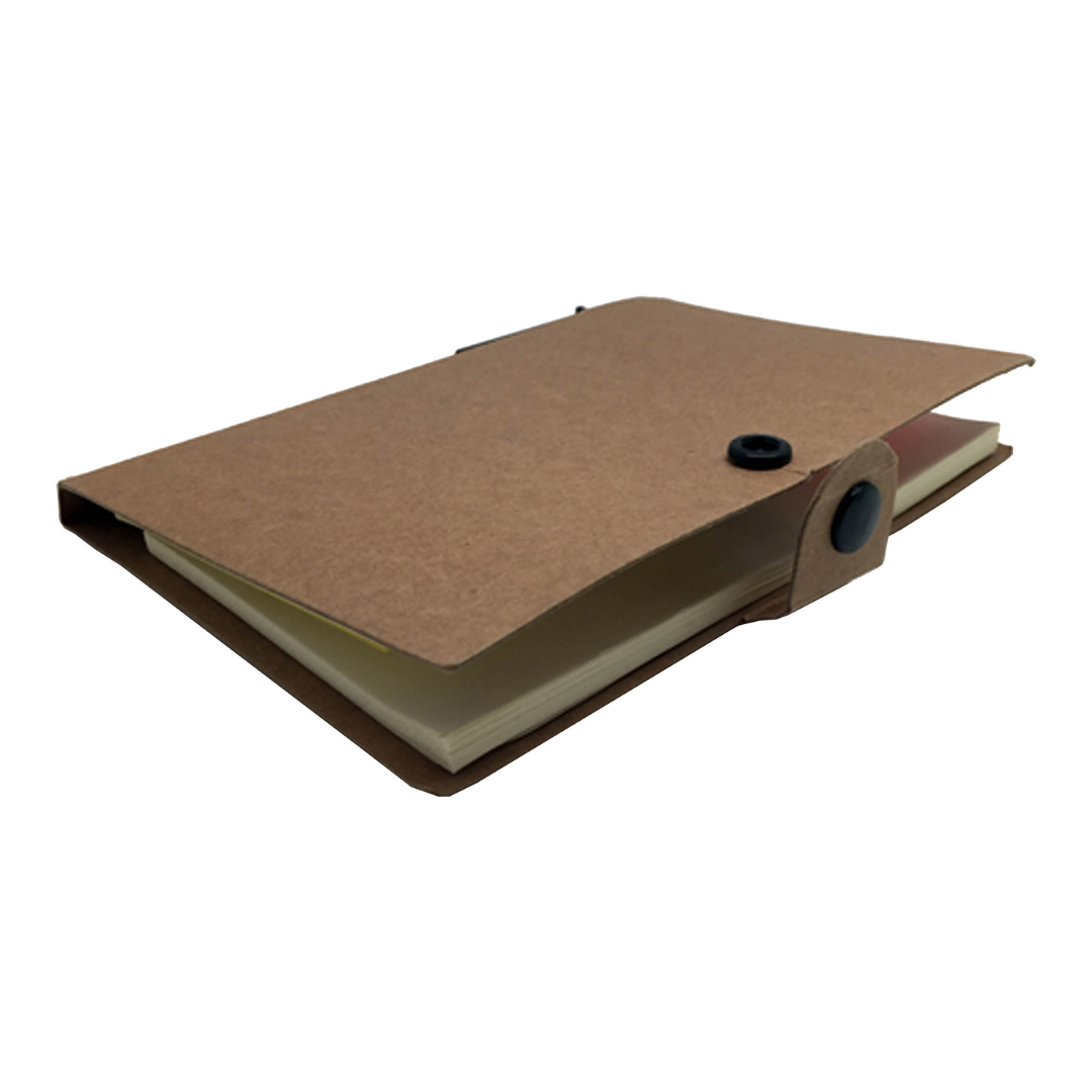 Brown Covered notebook with button closure, partially open to show documents inside.