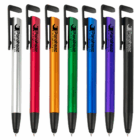 Seven Plastic Stylus Phone Stands in assorted colors with black clips, lined up on white.
