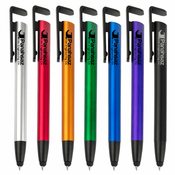 Seven Plastic Stylus Phone Stands in assorted colors with black clips, lined up on white.