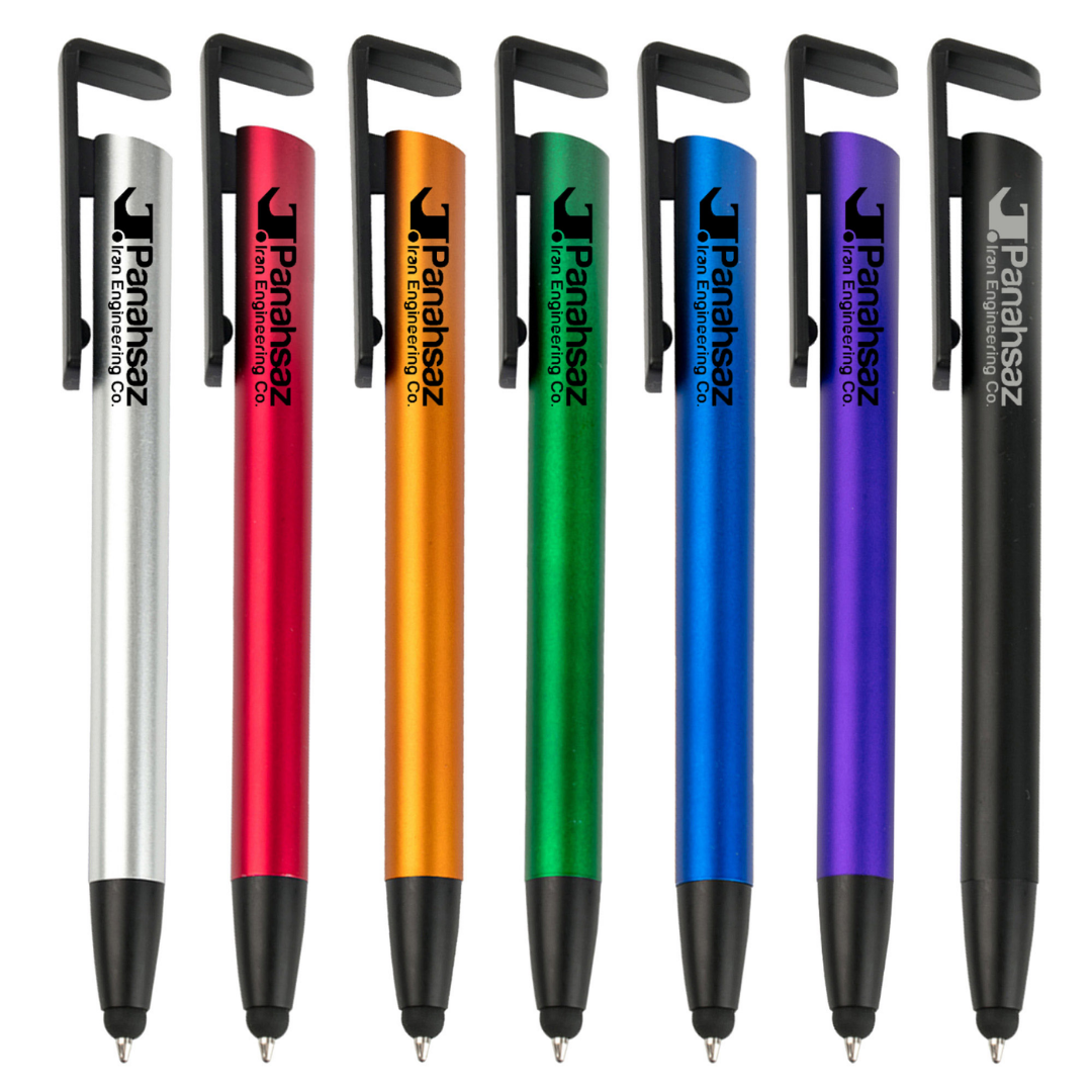 Seven Plastic Stylus Phone Stands in assorted colors with black clips, lined up on white.