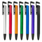 Seven Plastic Stylus Phone Stands in silver, red, orange, green, blue, purple, and black.