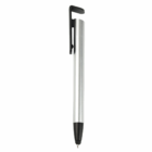 Plastic Stylus Phone Stand: silver ballpoint pen with black clip, black tip, and phone stand.