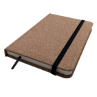 Cork Wood Cover Note book with black elastic band and ribbon bookmark, closed.