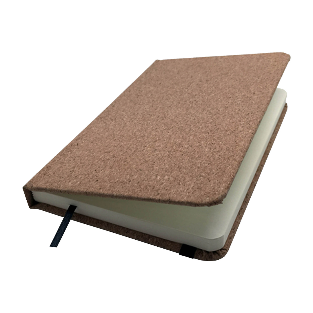 Cork Wood Cover Note book with black ribbon bookmark, slightly open on white background.