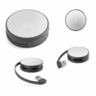 Dales USB Hub: round compact mirror with retractable cable, shown from various angles.