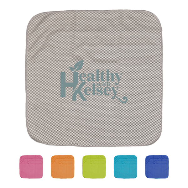 Arctic double layer cooling face cloth with Healthy Kelsey logo in pink, orange, green, blue, navy.