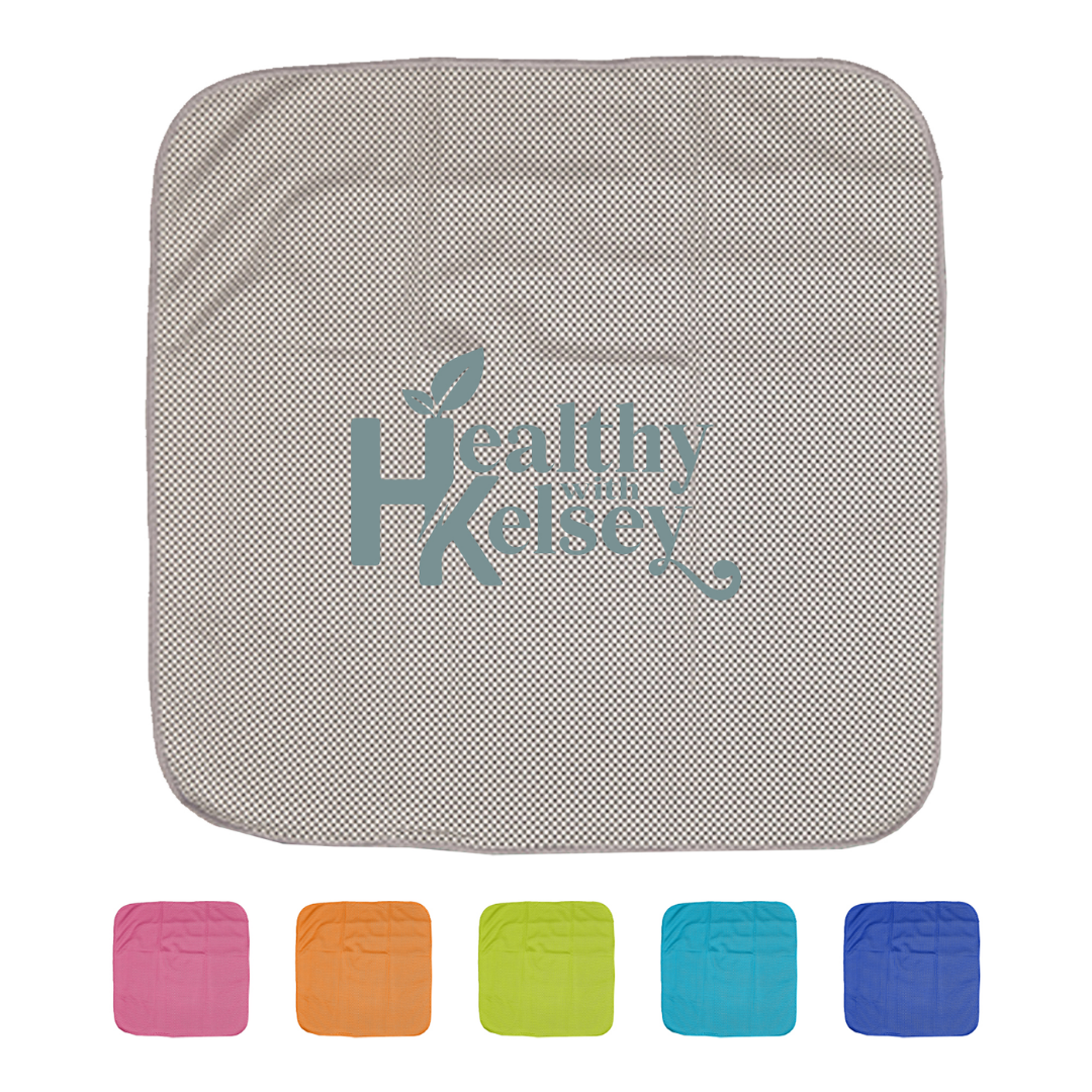 Arctic double layer cooling face cloth with Healthy Kelsey logo in pink, orange, green, blue, navy.