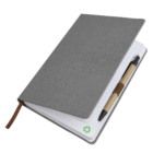 Fabric Covered A5 notebook, gray, with brown ribbon bookmark and pen holder inside.