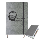 Fabric Covered A5 notebook with Think Safe Be Safe, helmet graphic, and elastic band closure.