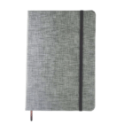 Gray Fabric Covered A5 notebook with black elastic and brown ribbon bookmark, closed.