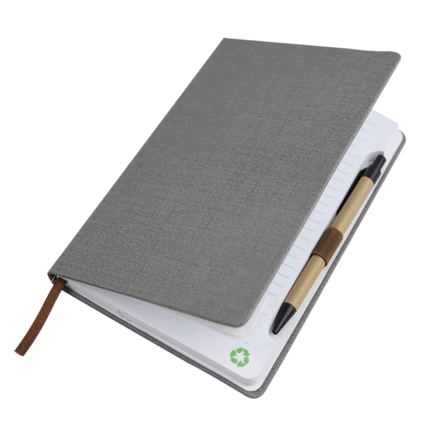 Fabric Covered A5 notebook, gray, with brown ribbon bookmark and pen holder inside.