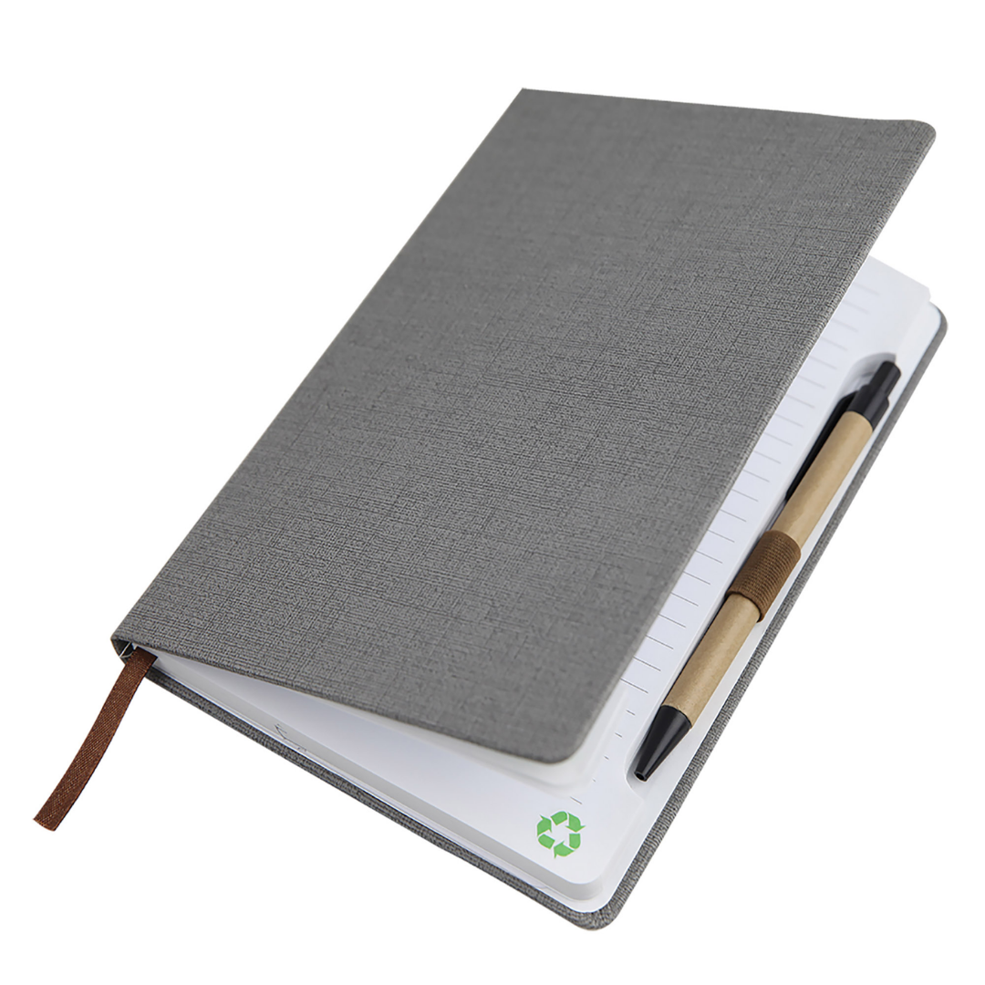 Fabric Covered A5 notebook, gray, with brown ribbon bookmark and pen holder inside.