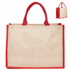 Kala Jute coloured bag in beige with red handles and trim, shown in full and corner view.