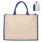 Kala Jute coloured bag with blue handles and trim, shown from front and side views.