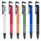Set of six Metal Stylus Phone Stands in assorted colors with black clips and tips.