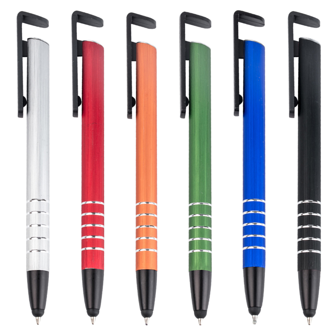 Set of six Metal Stylus Phone Stand pens in silver, red, orange, green, blue, and black.