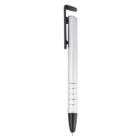 Metal Stylus Phone Stand, silver and black, with black clip on a white background.