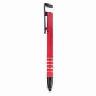 Red Metal Stylus Phone Stand with black clip, silver stripes on white background.