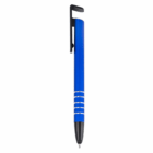 Metal Stylus Phone Stand, blue with black clip and three silver bands near the tip.