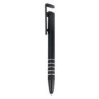 Metal Stylus Phone Stand—black ballpoint pen with silver rings, clip, and stylus.