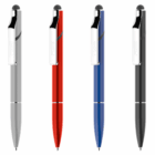 Four Metal twist Stylus Phone Stands in silver, red, blue, and black on a white background.