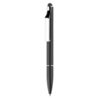 Metal twist Stylus Phone Stand with black ballpoint pen and silver clip on white background.