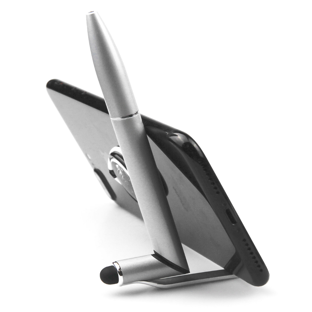 Metal twist Stylus Phone Stand props up a black smartphone on a white background.