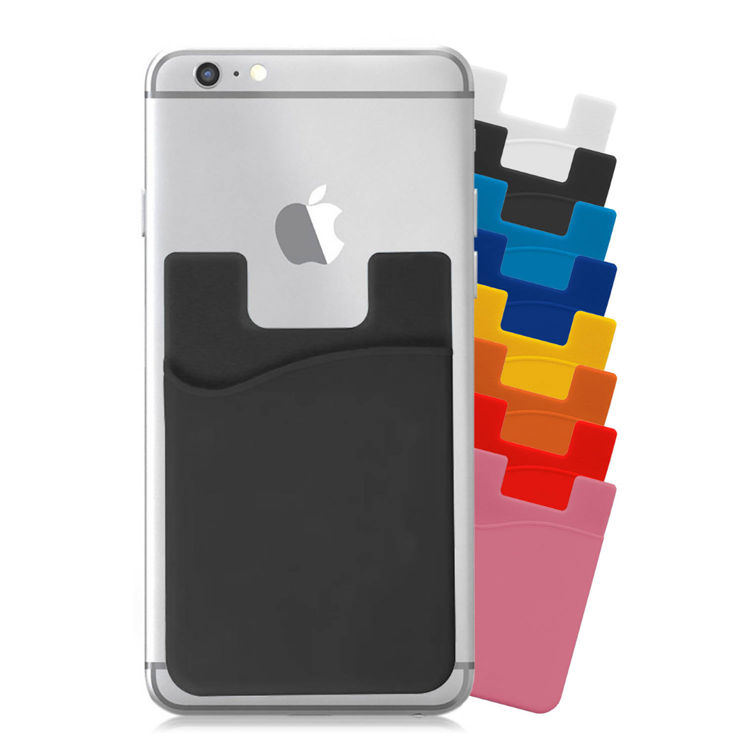 Smartphone with black Moors Mobile Phone Wallet; seven colorful wallets shown beside it.