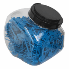 A clear jar with a black lid holds many small, blue Pembroke Key Phone Stands.