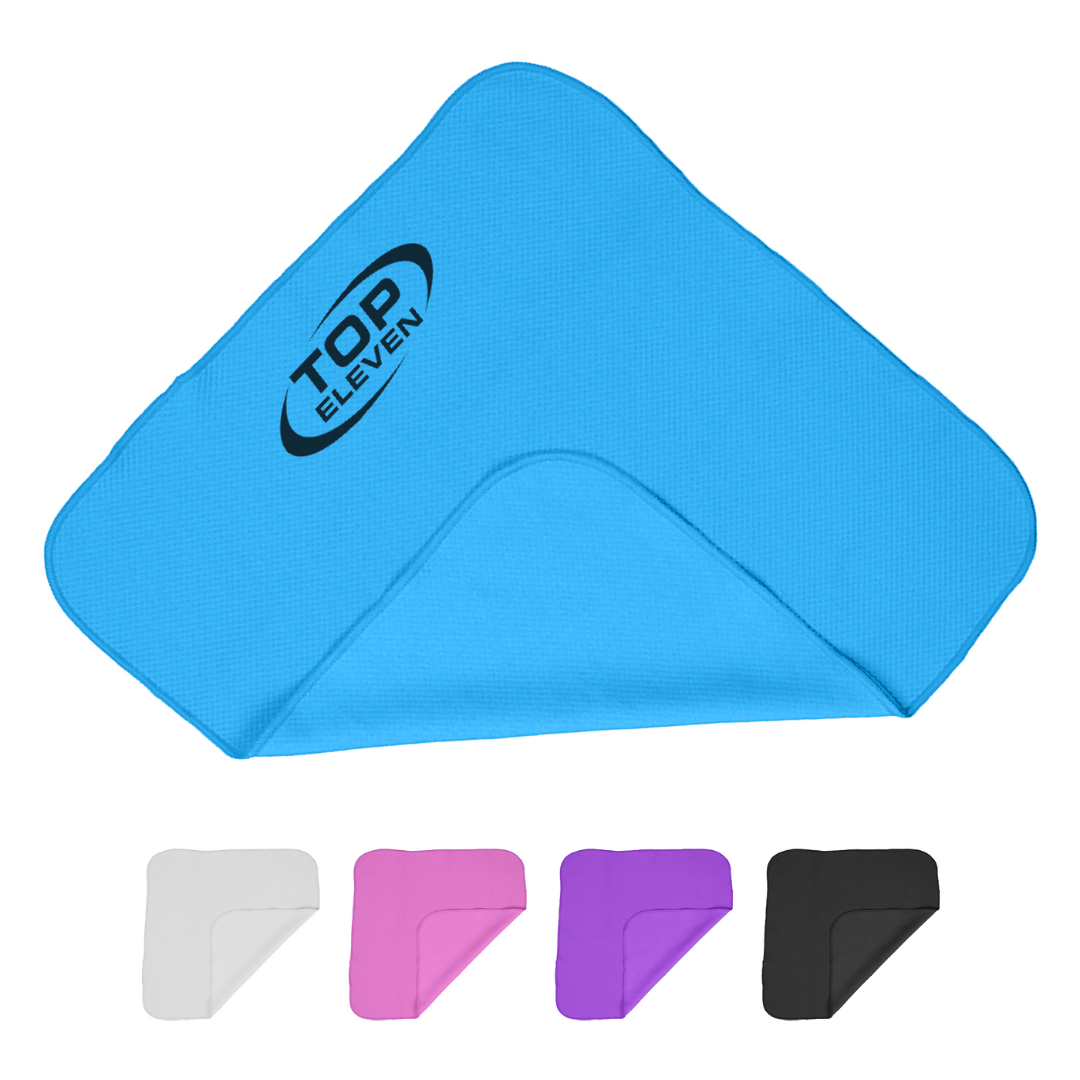 Five microfiber towels, including a blue Arctic single layer cooling face cloth.