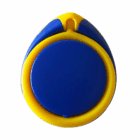 Blue and yellow Plastic Mobile Phone Stand Ring with a rounded top, on a white background.