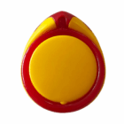 Yellow and red Plastic Mobile Phone Stand Ring, oval with a round center, top view.