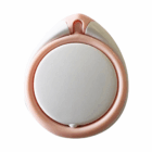 Round, white and pink Plastic Mobile Phone Stand Ring with a flip-top lid on white background.