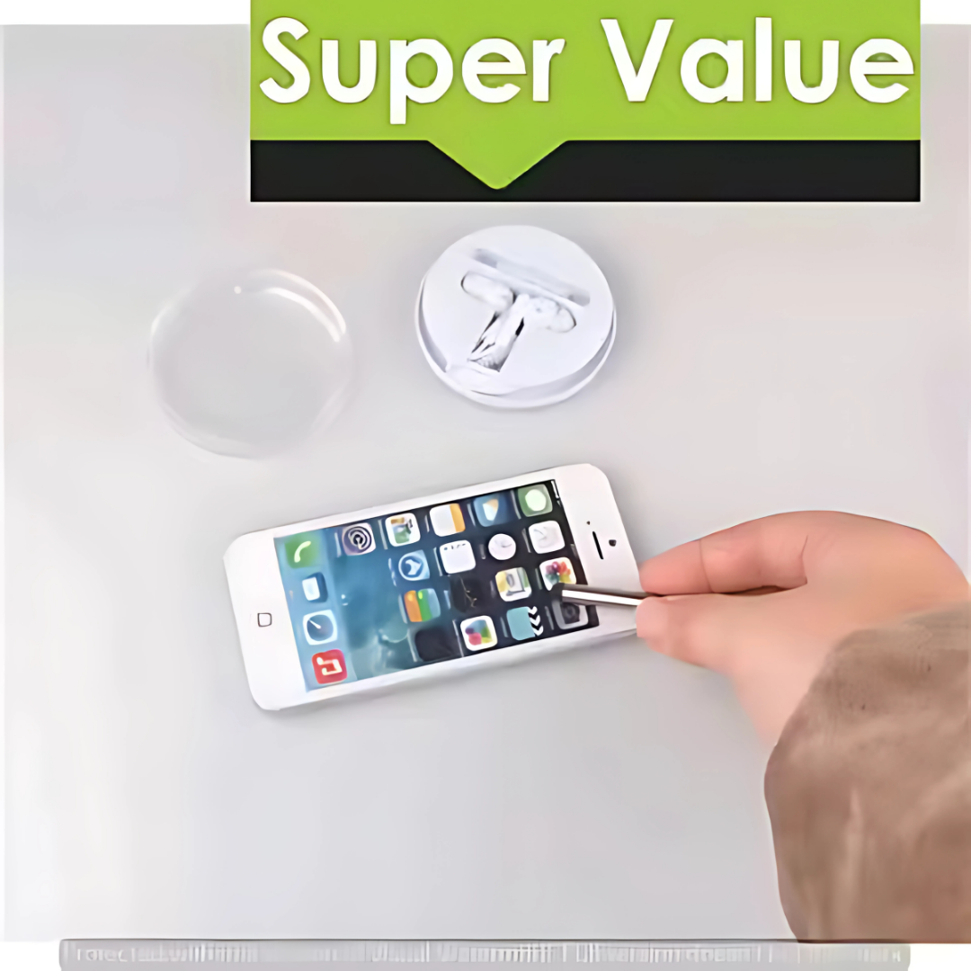 A hand uses the Promotional Gift Set Earphone & Stylus on a smartphone under a Super Value sign.