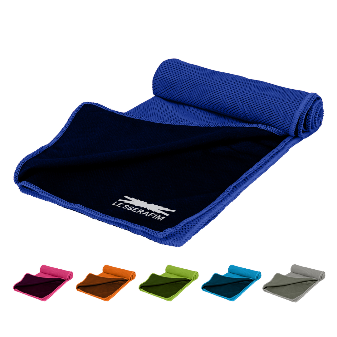 Everglades double layer cooling towel in blue, shown with five others below.