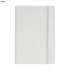 Rubber feel cover A5 notebook, closed, with matching elastic band and white cover.
