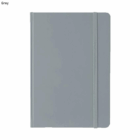 A grey A5 notebook with a rubber feel cover and a right-side elastic band.
