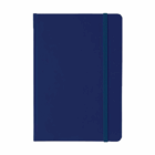A closed Rubber feel cover A5 notebook, plain navy blue, with a right-side elastic band.