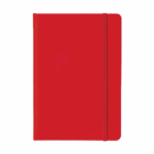 A5 notebook with red rubber feel cover and right-side elastic band.